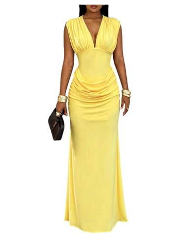 BEAUDRM Women's Wedding Guest Maxi Dress Elegant Ruched Deep V Neck Bodycon Party Club Dress Date Night Outfits Yellow Medium