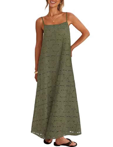 MEROKEETY Women's Summer Maxi Dress Boho Spaghetti Straps Sundress, Army, M