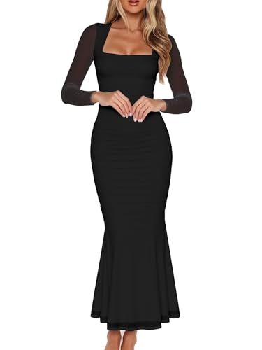 Women's Ruched Bodycon Long Sleeve Wedding Guest Maxi Dress,XS,Black | Square Neck, Mesh,Winter, Elegant Trendy,Cocktail Party Long Dresses