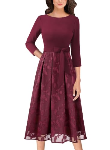 VFSHOW Womens Work Business Casual Church Pockets Belted A-Line Midi Dress