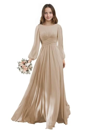 Farichos Chiffon Junior Bridesmaid Dress Long Sleeves Crewneck Girls Formal Dress A Line Ruffle Champagne Flower Girl Dresses 12-14