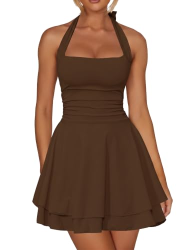 Kaximil Women's Sexy Halter Ruffle Hem Mini Dress, Medium, Coffee