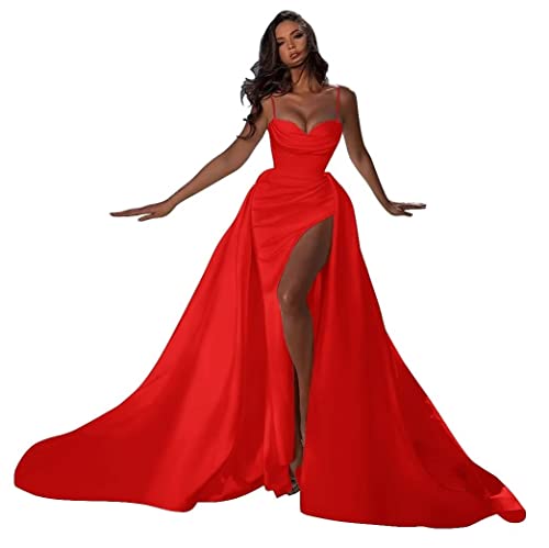 Spaghetti Straps Mermaid Prom Dresses Long for Teens Satin Split with Train Formal Dresses for Women Party Gown Red 16MX070
