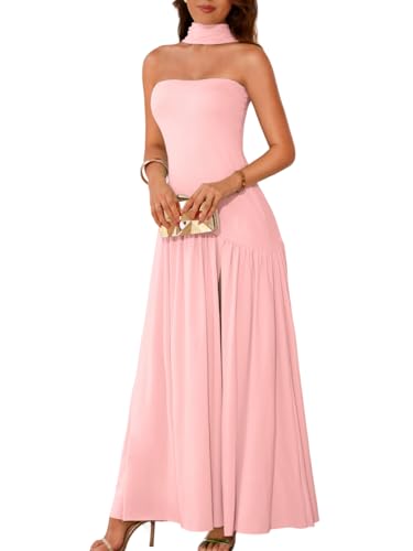 ChiaoLezhee Women's Maxi Tube Dress with Scarf Drop Waist Slit Formal Cocktail Party Wedding Guest Prom Gown, Flowy Elegant A Line Strapless Asymmetrical Summer Going Out Baby Shower,Light Pink,S