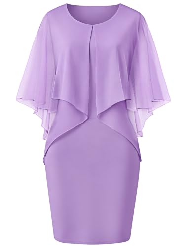 SeSe Code Womens Mesh Cape Cocktail Dress Elegant Wedding Guest Dresses Knee Length Formal Evening Party Pencil Dress Violet