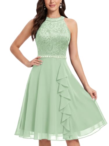 Miusol Women's A-Line Halter Neck Lace Chiffon Ruffle Cocktail Party Dress