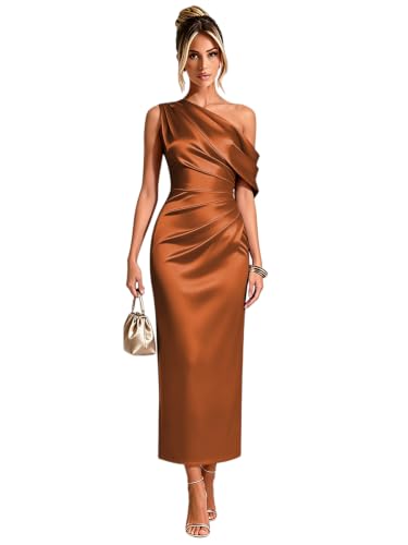 Elmiansly Asymmetrical Off Shoulder Bridesmaid Dresses Long One Shoulder Mermaid Satin Formal Party Dress for Wedding Guest Terracotta US6