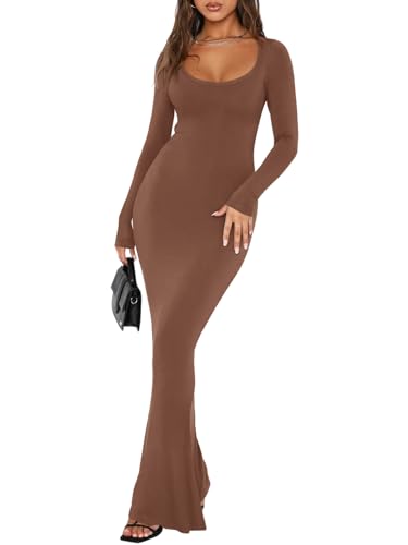 REORIA Womens Sexy Casual Scoop Square Neck Long Sleeve Soft Lounge Long Dress Fall Wedding Guest Elegant Ribbed Bodycon Maxi Dresses Coffee Small-