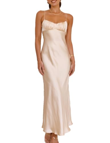 Realtix Satin Spaghetti Strap Backless Midi Dress Cocktail Wedding Guest
