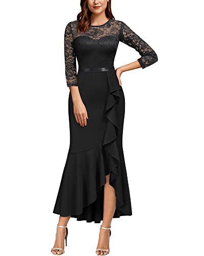 MISSMAY Women's Classy Floral Lace Ruffle Formal Bridesmaid Long Dress (XX-Large, Black)