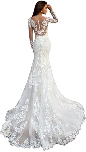 Modest Mermaid Wedding Dresses 2024 Long Sleeve Lace Bridal Gowns with Long Train with Train Style22-Ivory 2