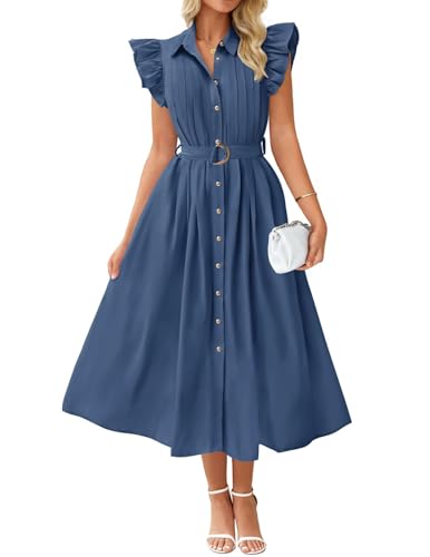 ZESICA Womens Summer Button Midi Dress Casual Work Dresses Navy L