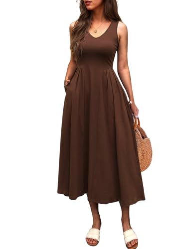 Mieazom Women Summer Sleeveless Casual Dresses Pleated Waist Elegant Midi A-Line Flowy Swing Dress Sundress with Pockets Brown M