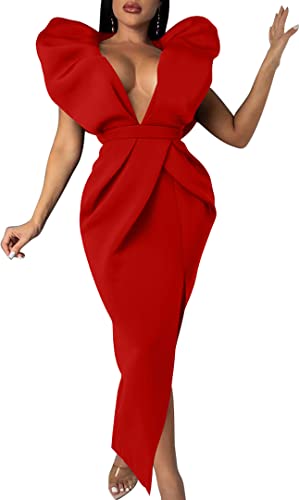 Memoriesea Women's Sexy Deep V Neck Puff Sleeve Side Split Ruched Backless Gown Dress Red
