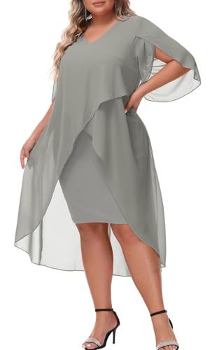 Hanna Nikole Womens 2024 Plus Size Chiffon Dress 3/4 Sleeve Flowy Cocktail Party Midi Dresses Silver Gray