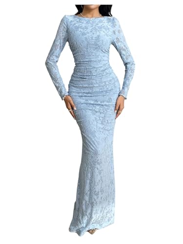 BEAUDRM Women's Fall Wedding Guest Dress Long Sleeve Cocktail Maxi Dress | Date Night Outfits, Sexy, Y2K, Bodycon, Ruched, Mesh, Formal, Long Dresses, Blue Flower, X-Large