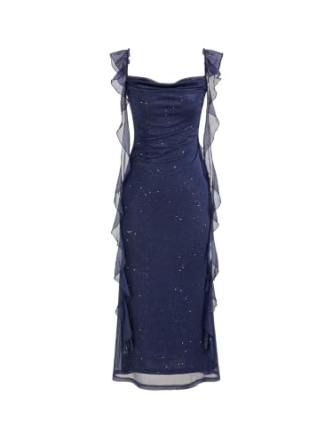 CIDER Womens Glitter Cowl Neck Maxi Dress Wedding Guest: Blue-M, FBM