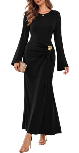 Sipaya Black Maxi Bodycon Dresses for Women Wedding Guest Formal Business Casual Long Sleeve Cocktail Outfits Midi Fall Fashion Winter Clothing Funeral Vestidos Elegantes De Mujer M