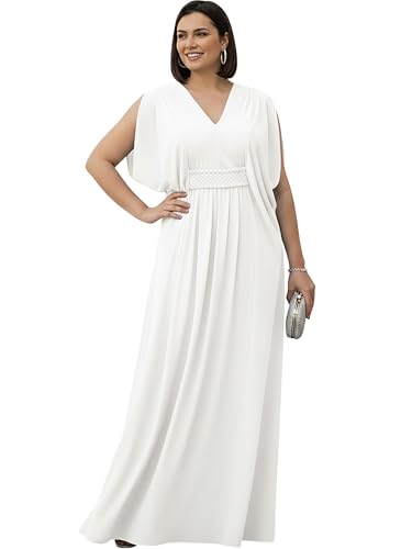 KOH KOH Womens Long V-Neck Summer Grecian Greek Bridesmaid Wedding Party Guest Flowy Formal Evening Slimming Vintage Maternity Gown Gowns Maxi Dress Dresses, Ivory White L 12-14