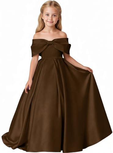 Lanbaodress Off Shoulder Flower Girl Dress 2026 Long Satin Pageant Junior Bridesmaid Dresses for Wedding with Bow Brown Size 16T