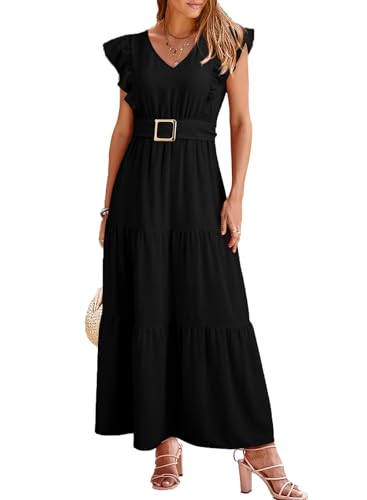 Dokotoo Wedding Guest Dresses for Women 2026 V-Neck Ruffle Cap Sleeve Empire Waist Flowy Hem Maxi Black Dress Bridesmaid Dresses Cocktail Party Semi Formal Summer Dresses Large
