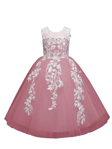 WDCVGTR Bow Flower Girl Dress Dusty Rose Tulle A-Line Long Gown 10