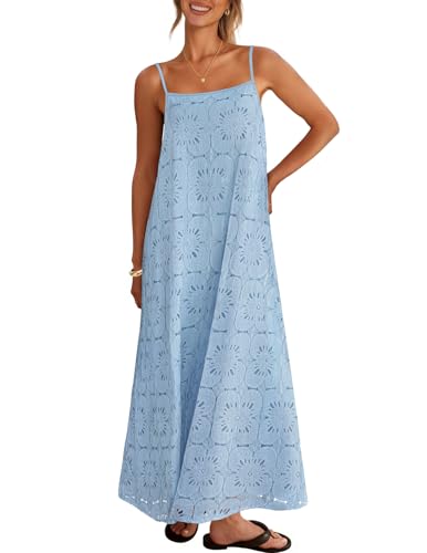 MEROKEETY Women's Summer Maxi Dress Boho Spaghetti Straps Sundress, Blue, M | Sleeveless, Casual, Floral Lace Eyelet, Fully Lined, Flowy, A Line, Cute, Trendy, Long Dress for Beach Vacation, Travel