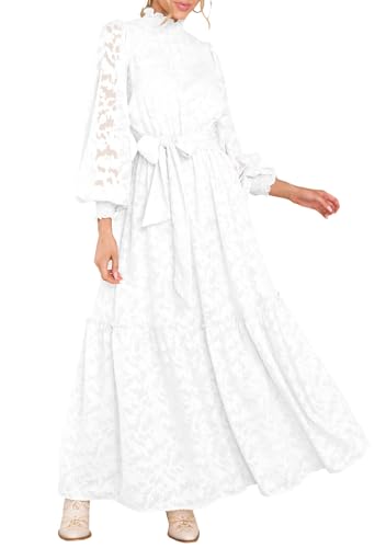 MITILLY Long Sleeve Dress for Women Modest Formal Wedding, White, S | Long Sleeve, High Neck, Elastic Waist, A-Line Flowy Tiered, Dress with Belt, Boho, Modest, for Wedding, Cocktail Prom, Church