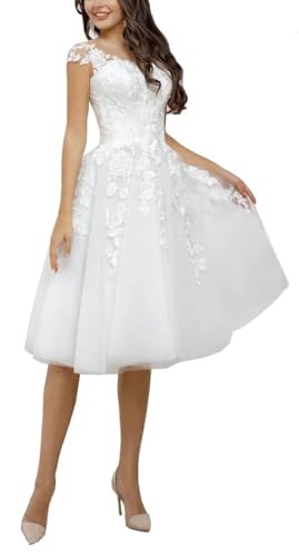 Women's White Tulle Short Wedding Dresses for Bride 2026 A Line Off The Shoulder Lace Appliques Bride Gowns LAW300 White-D 12