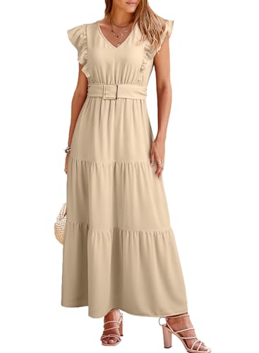 Dokotoo Cocktail Dresses for Women 2026 Beach Wedding Guest Dress Bridesmaid Dresses V-Neck Cap Sleeve Empire Waist Flowy Summer Dresses Semi Formal Maxi Beige Dress X-Large