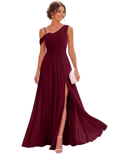Ever-Pretty Women's Sleeveless Chiffon Summer Formal Wedding Guest Dresses One Shoulder A-Line Split Bridesmaid Dress Burgundy US6
