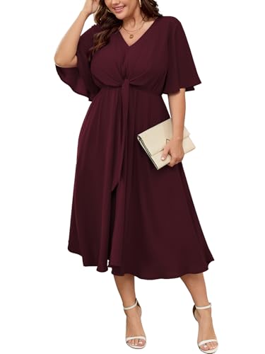 SCOMCHIC Women Plus Size Midi Dresses for Wedding Guest Burgundy | Short Sleeve, V Neck, Tie Waist, Casual, Summer, Flowy, A Line, Cocktail, Semi Formal Dress