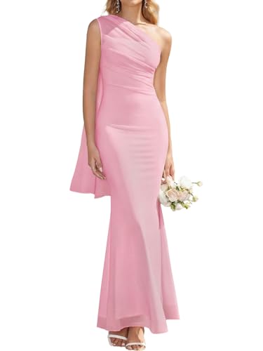 HTZMO One Shoulder Formal Wedding Guest Fall Long Dresses for Women Pink XS