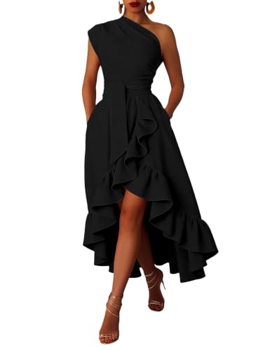 Lucuna Women‘s One Shoulder Ruffle Pleated Flowy High Low Midi Dress Black