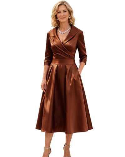 JAEDEN Mother of the Bride Dresses for Women Tea Length Sleeves A line Rust