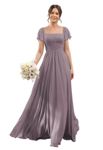 Women's Simple Chiffon Long Bridesmaid Dresses with Sleeves 2026 Wisteria Square Neck Formal Dresses Party Gowns Prom Dress,12