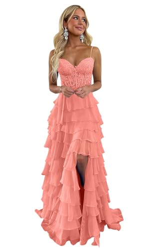 Flihodaputa Tiered Chiffon Prom Dresses Long for Teens 2026 Spaghetti Strap Sweetheart Ruffle Lace Chiffon Birthday Party Dresses with Slit Coral US6