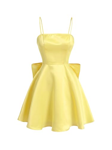 WDIRARA Women's Satin Bow Homecoming Dresses Spaghetti Strap Wedding Guest Gown Summer Mini Dress Light Yellow X-Large
