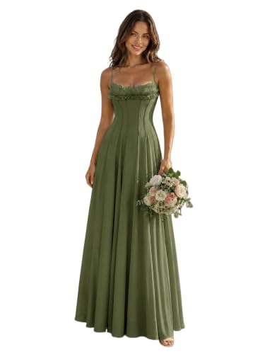 EDECPBM Long Chiffon Bridesmaid Dress Sweetheart Corset Ruffle A-Line Wedding Guest Dress Olive Green US02