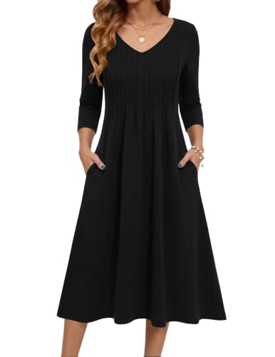 Zeagoo Black Midi Dress Pockets 3/4 Sleeve Casual Empire Waist Dress
