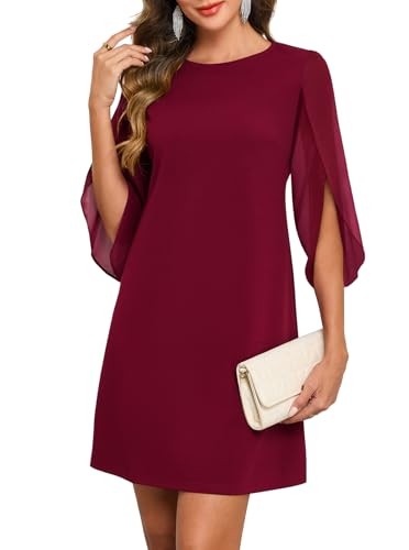 oten Womens Chiffon 3/4 Sleeve Crewneck Wedding Guest Dresses, Wine Red, XL