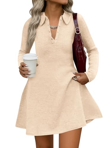 Saodimallsu Womens Sweater Dress 2026 Fall Polo Collared Long Sleeve Button V Neck A line Preppy Knit Dresses Apricot