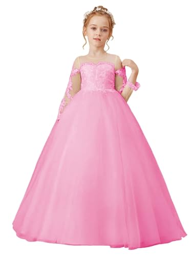 Lindadress Tulle Lace Appliques Flower Girl Dresses for Wedding A Line First Communion Dress Princess Pageant Ball Gown Pink 4t