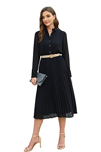 ABLETREE Women's Work Dress with Belt, Business Casual Midi Shirt Dresses