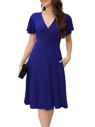 Vintage 50s Dress for Womens Petite Summer Casual Office Professional Elegant Work Tea Party Aline Knee Length Dresses with Pockets 560 Royal Blue S