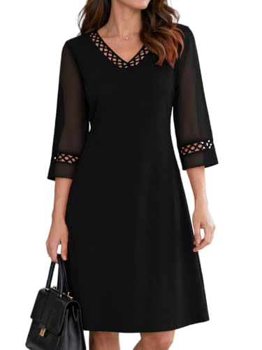 oten V Neck Lace 3/4 Chiffon Sleeve Funeral Dresses for Women, Black, XL