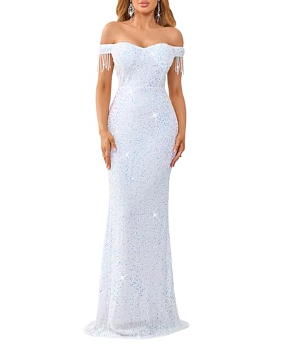 dasmzper Women Off Shoulder Sequin Evening Gown – Tassel Sleeve Formal Maxi Dress for Wedding, Prom White