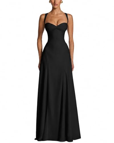 GRMLRPT Women's Spaghetti Straps Bridesmaid Maxi Dress Sweetheart Neck Tie Back A Line Formal Evening Long Dress,Black,L