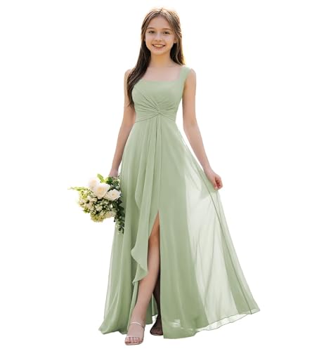 FLwuhui Junior Bridesmaid Dress Sage Green Chiffon Flower Girl Dresses Floor Length Girls Bridesmaid Dresses US14