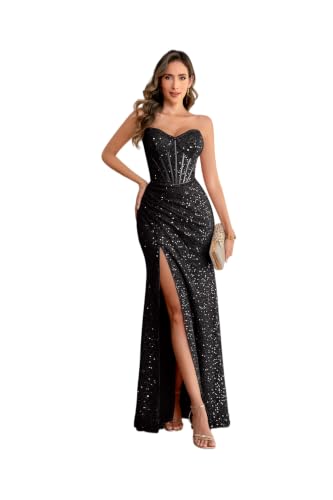 CHRYSTELAR Evening Gowns Formal Dresses for Women Prom Party Gala Dress | Wedding Guest Banquet Maxi Corest, Sequin Lace-up Off Shoulder Built-in Bra Sweetheart Neck